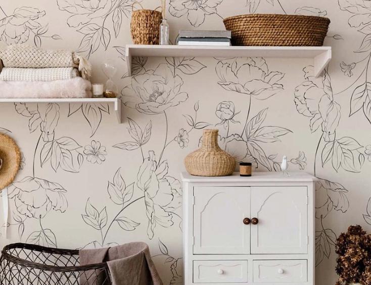 Black Pen Monochrome Flowers Wallpaper, Flower Garden Baby Girl Wallpaper, Art Wallpaper Nursery, Drawwing Wallpaper, Flowers Wallpaper