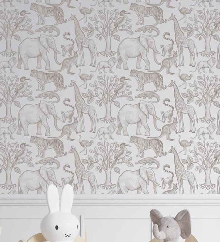 Beige Monochrome Animals Child Wallpaper, Line Art Forest Baby Wallpaper, Cute Animals Wallpaper Nursery, Drawwing Wallpaper for Kidsroom