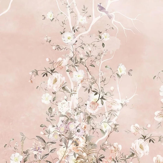 Pink Rose Tree and Birds Flowers Baby Girl Wallpaper, Vintage Flower Garden Wallpaper, Floral Wallpaper Nursery, Watercolor Floral Wallpaper