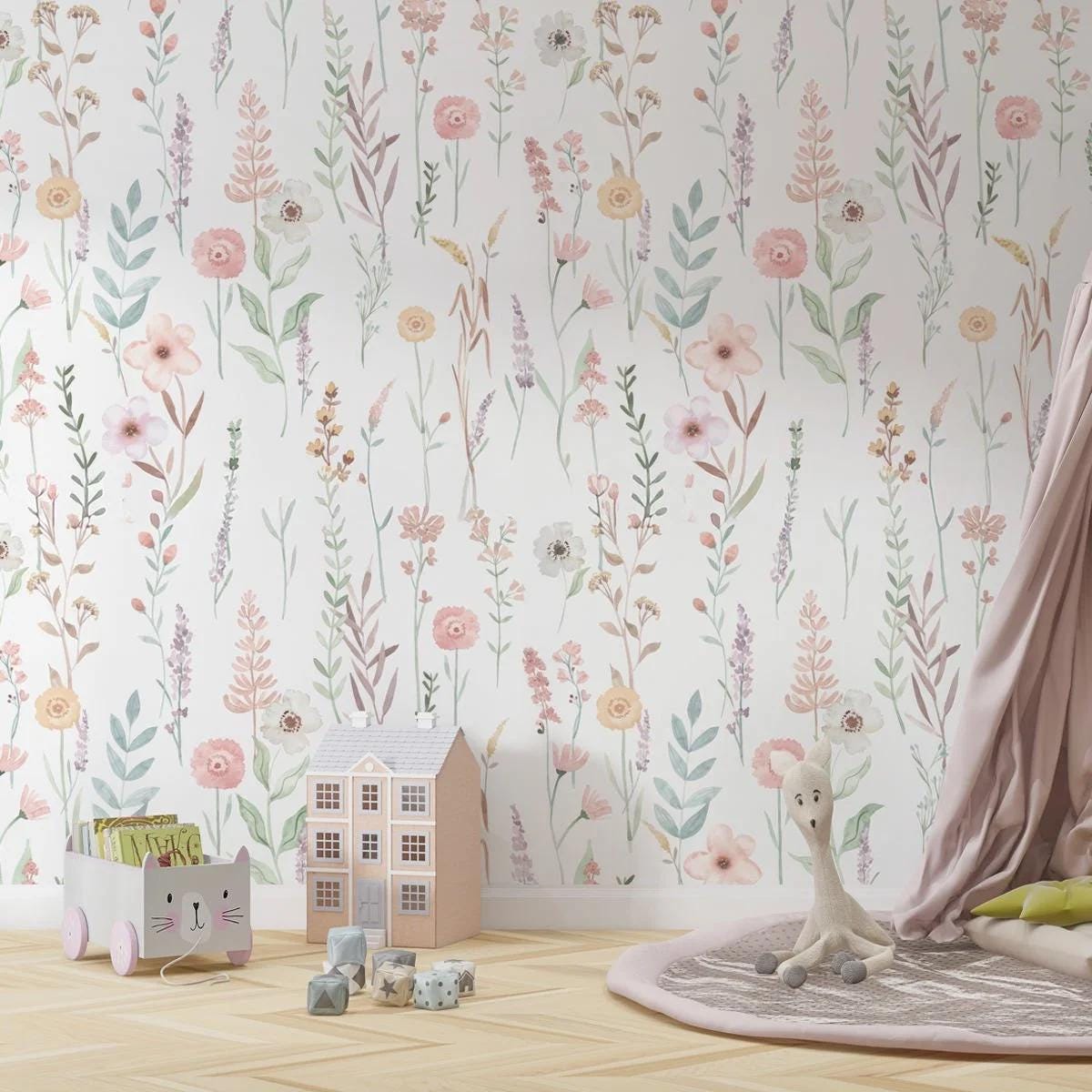Summer Flowers Garden Wallpaper, Mini Flowers Baby Girl Wallpaper, Flower Garden Wallpaper, Wallpaper Nursery, Watercolor Floral Mural