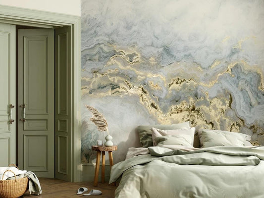 Light Beam Marble Wallpaper with Blue Gray and Gold Color Effect Wallpaper, Abstract Marble Texture Stylish Modern Wallpaper