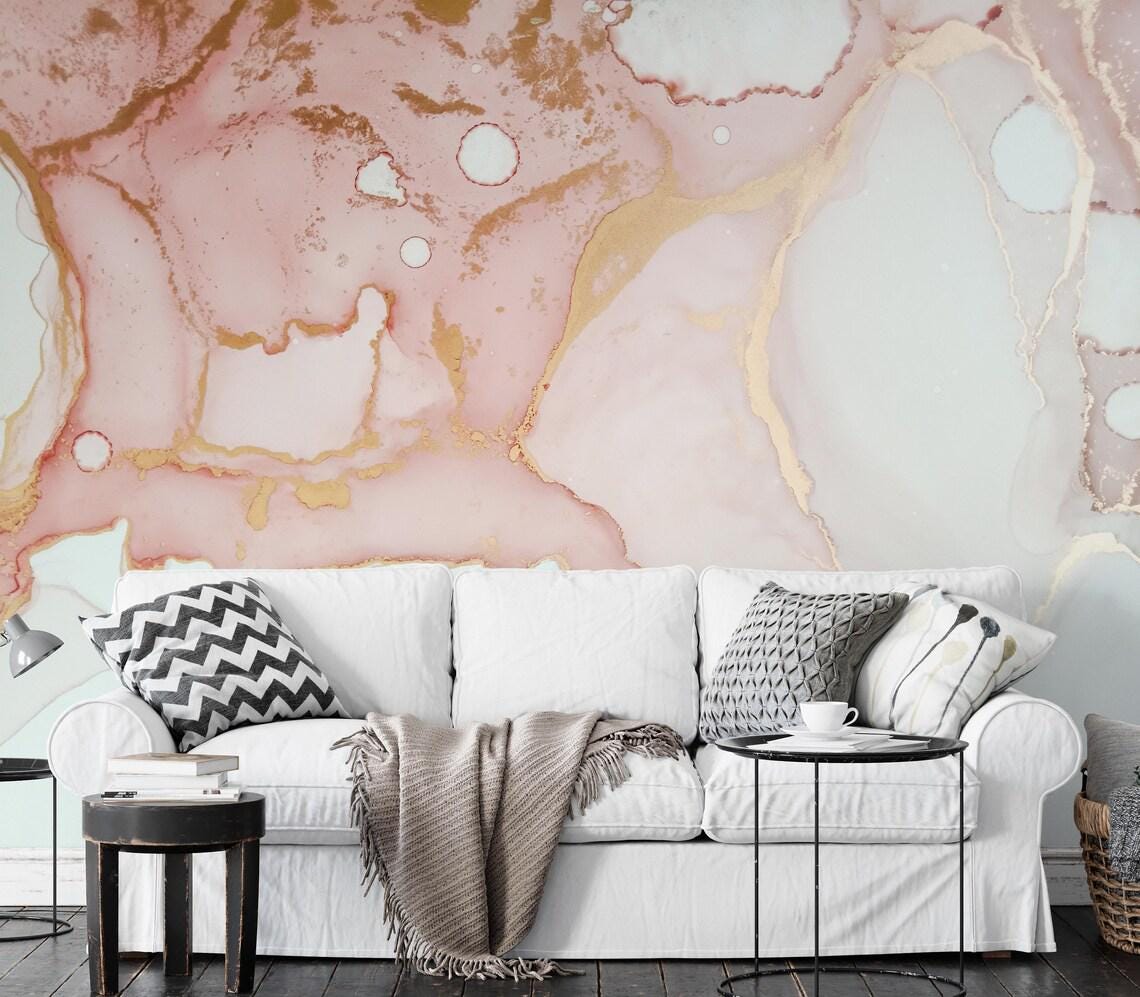 Pink and Gold Look Modern Wallpaper, Abstract Peel & Stick Wallpaper, Stylish Room Design, Modern Marble Wallpaper, Luxury Pink Wallpaper