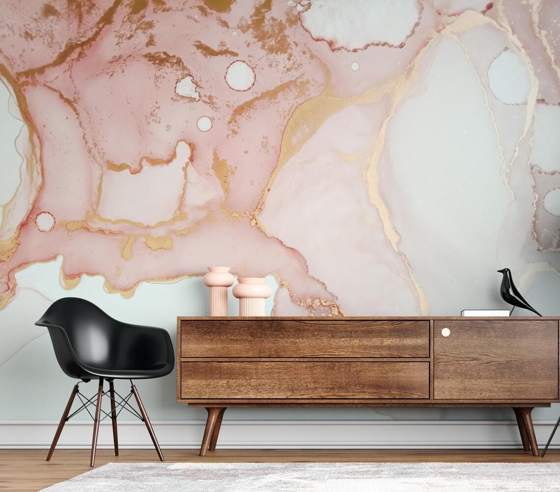Pink and Gold Look Modern Wallpaper, Abstract Peel & Stick Wallpaper, Stylish Room Design, Modern Marble Wallpaper, Luxury Pink Wallpaper