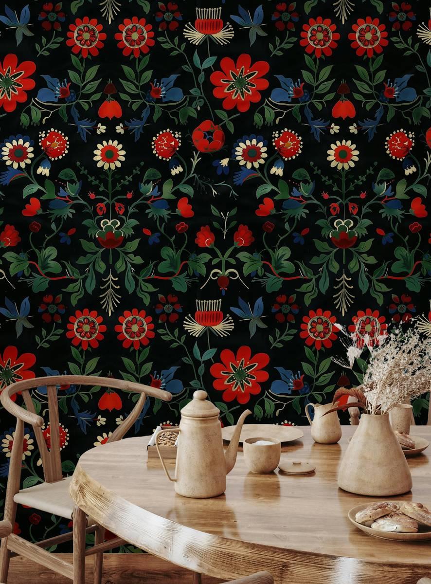 Traditional Turkish Pattern Floral Wallpaper, Dark Background, Black Wallpaper with Red Flowers, Hand Painted Darkness Floral Wallpaper
