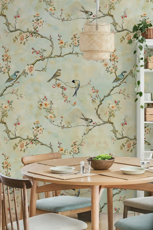 Romantic Birds Heaven on Spring Branch, Vintage Floral Pattern Wallpaper, Drawing Flowers Mural, Elegant Chinoiserie Wallpaper