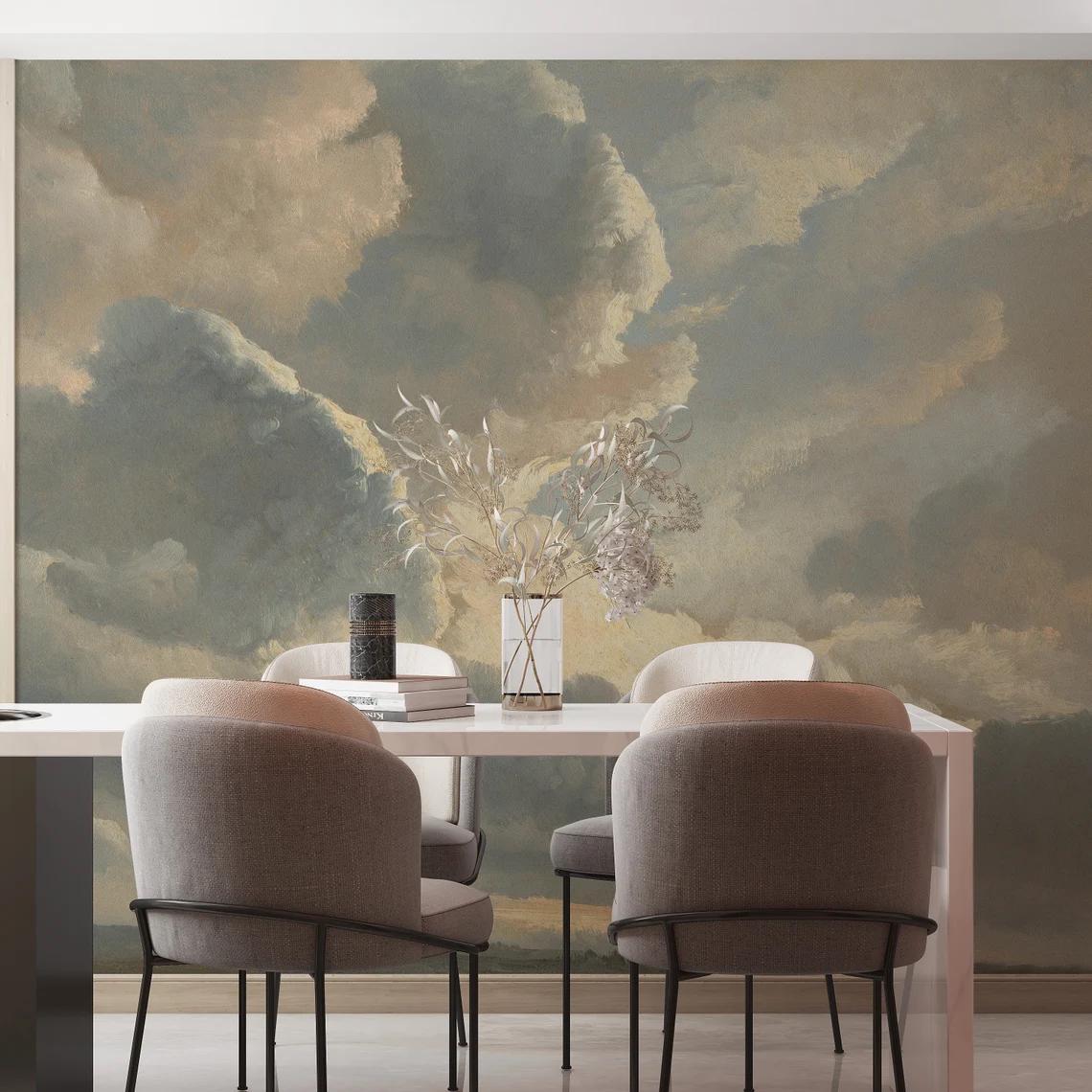 Oil Painting Style Clouds Wallpaper, Nature Art Wallpaper, Sky Wallpaper, Cloudy Nature Mural, Peel and Stick Wallpaper, Blue Wallpaper