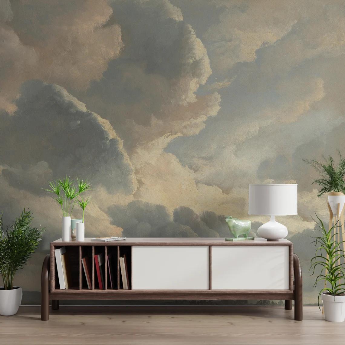 Oil Painting Style Clouds Wallpaper, Nature Art Wallpaper, Sky Wallpaper, Cloudy Nature Mural, Peel and Stick Wallpaper, Blue Wallpaper
