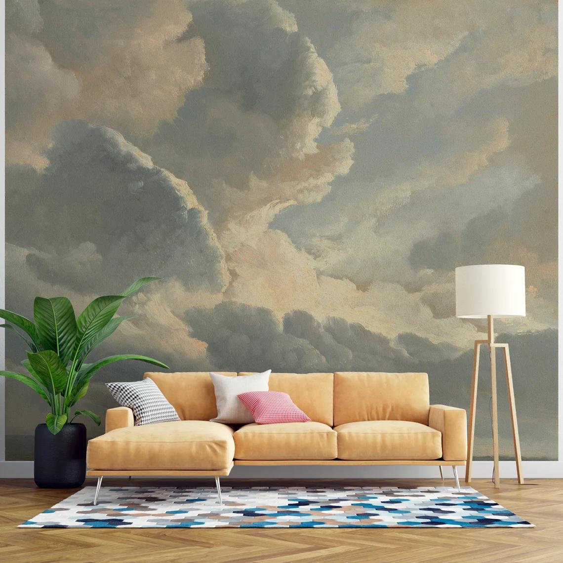 Oil Painting Style Clouds Wallpaper, Nature Art Wallpaper, Sky Wallpaper, Cloudy Nature Mural, Peel and Stick Wallpaper, Blue Wallpaper