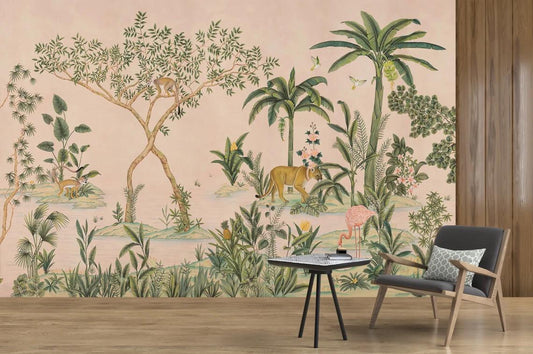 Tropical Forest With Animals Wallpaper, Tropical Plants Wallpaper, Rainforests Themed Nature Wallpaper, Exotic Plant Floral Wallpaper