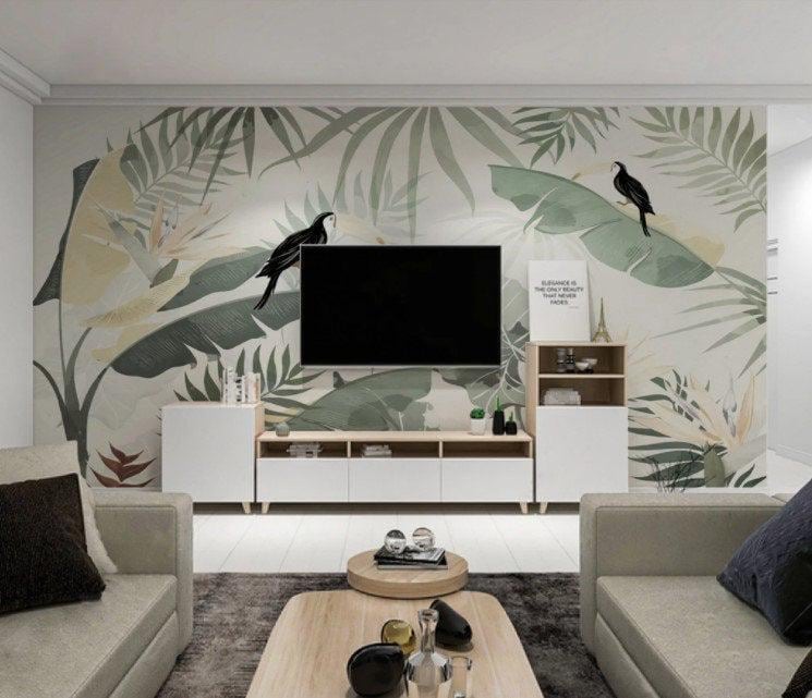 Illustration Tropical Plant and Parrot Wallpaper, Tropical Forest Wallpaper, Bird Sanctuary Wallpaper, Exotic Plant Floral Wallpaper
