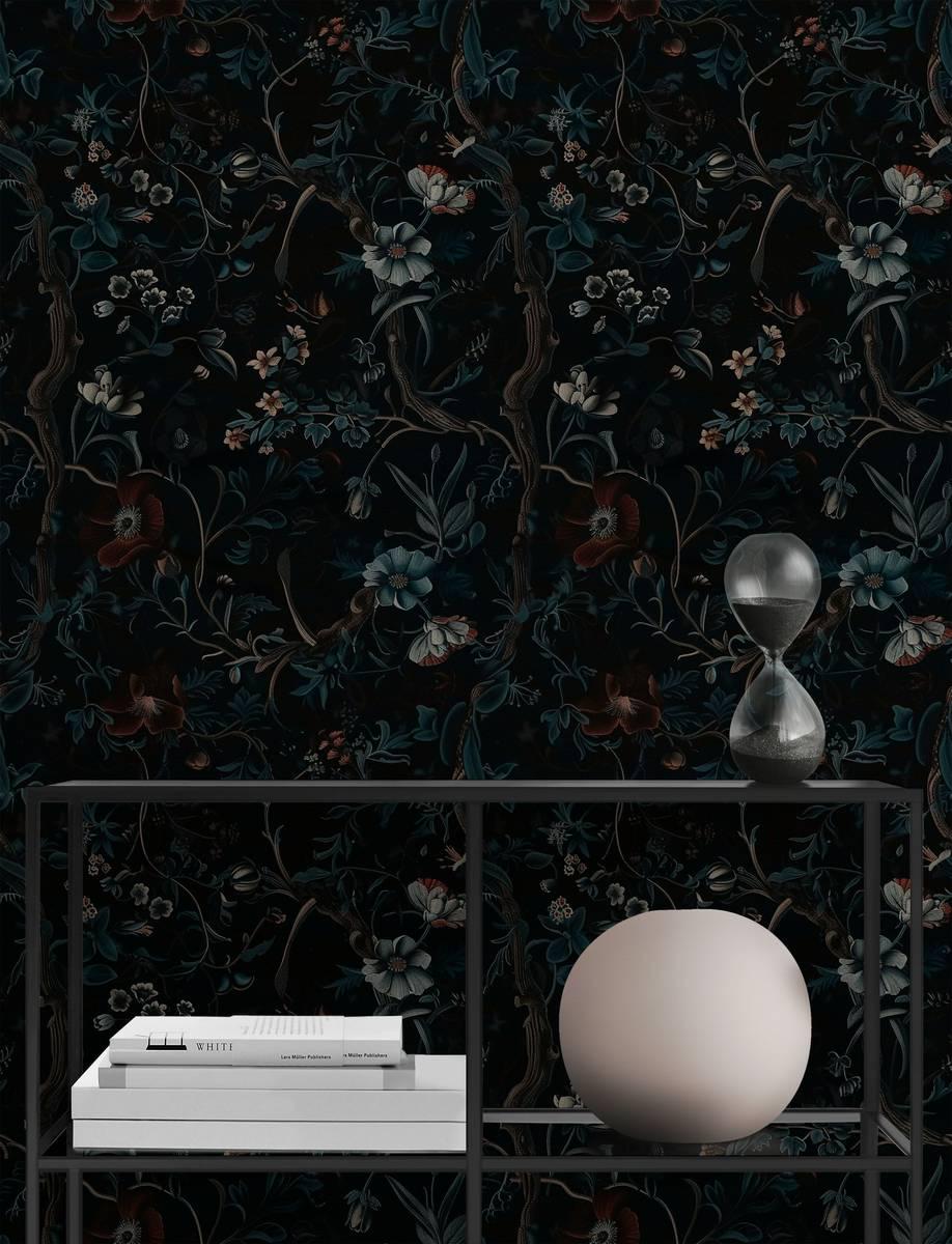 Dark Bohemian Botanical Garden Wallpaper, Exotic Flowers on black Background, Mystic Wallpaper, Floral Wallpaper, Dark Flowers Wallpaper