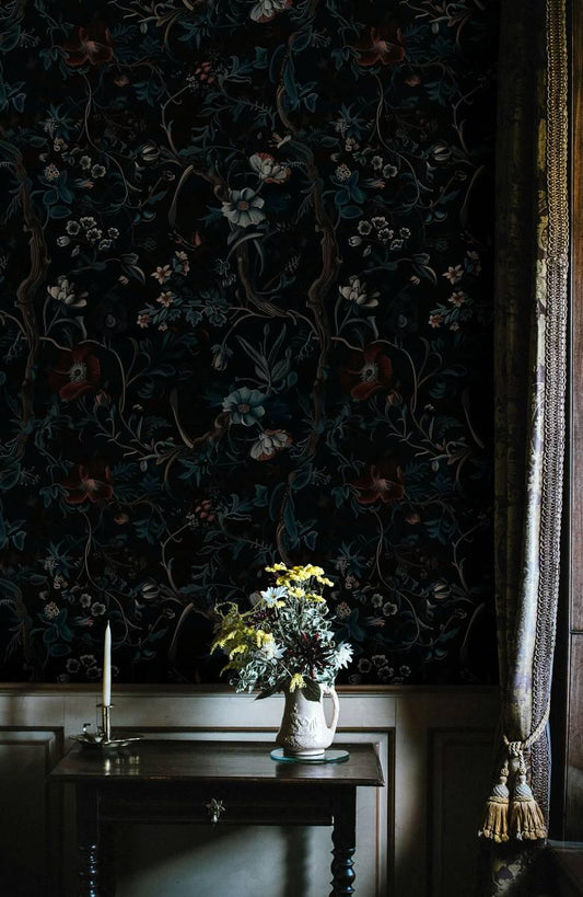 Dark Bohemian Botanical Garden Wallpaper, Exotic Flowers on black Background, Mystic Wallpaper, Floral Wallpaper, Dark Flowers Wallpaper