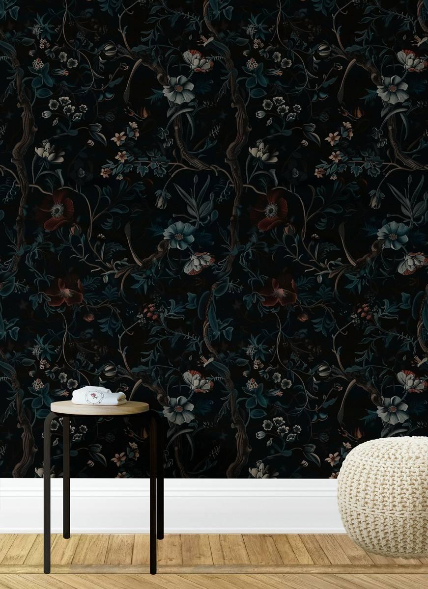 Dark Bohemian Botanical Garden Wallpaper, Exotic Flowers on black Background, Mystic Wallpaper, Floral Wallpaper, Dark Flowers Wallpaper