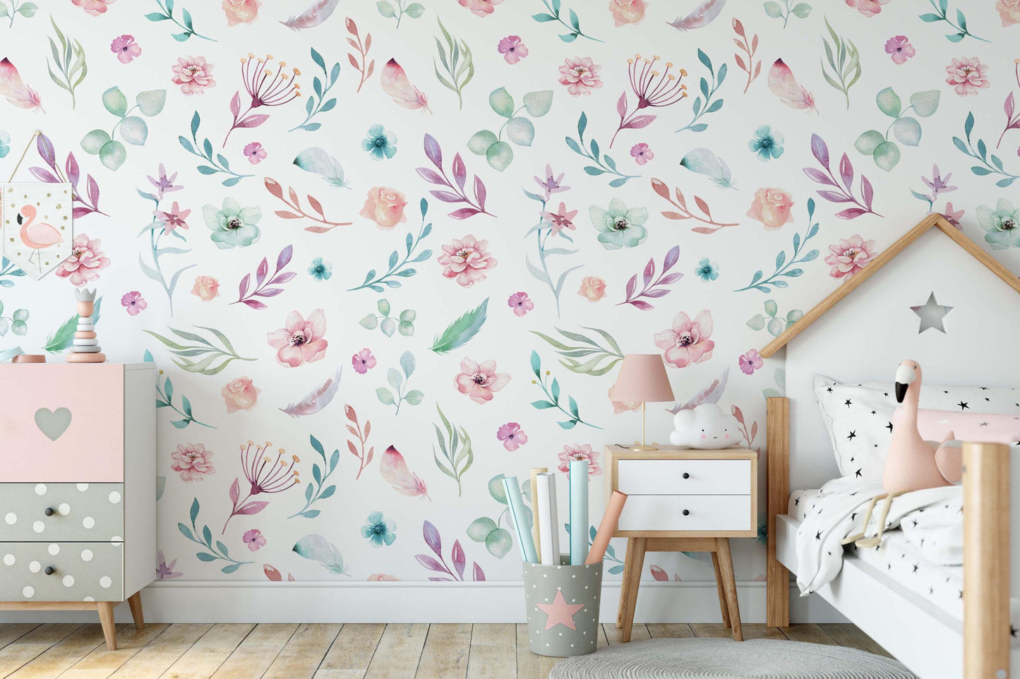 Pink Mini Flowers Garden Wallpaper, Watercolor Flowers Baby Girl Wallpaper, Flowers Garden Wallpaper, Watercolor Floral Wallpaper Nursery