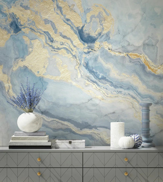 Blue and Gold Color Marble Effect Wallpaper Abstract Marble Texture Stylish Modern Wallpaper