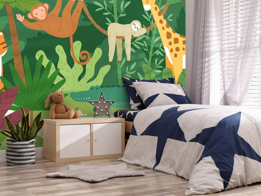Illustration Forest Animals Wallpaper Nursery, Green Jungle Kids Wallpaper, Monkey Tiger Giraffe Elephant Funny Jungle Baby Wallpaper