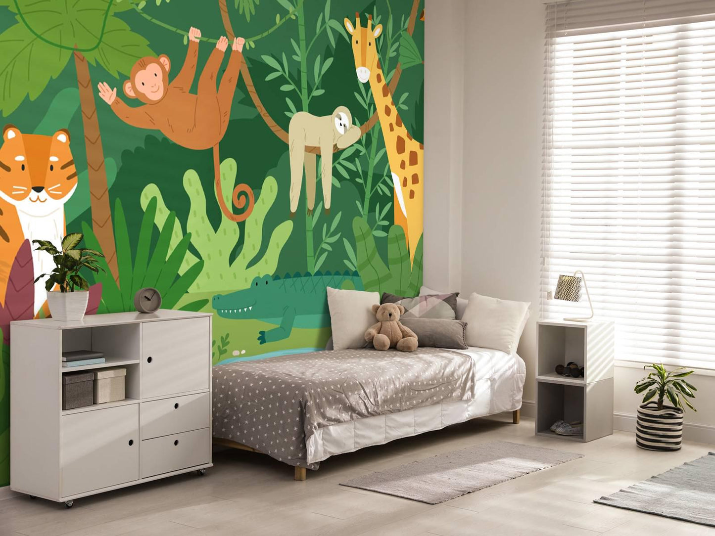 Illustration Forest Animals Wallpaper Nursery, Green Jungle Kids Wallpaper, Monkey Tiger Giraffe Elephant Funny Jungle Baby Wallpaper