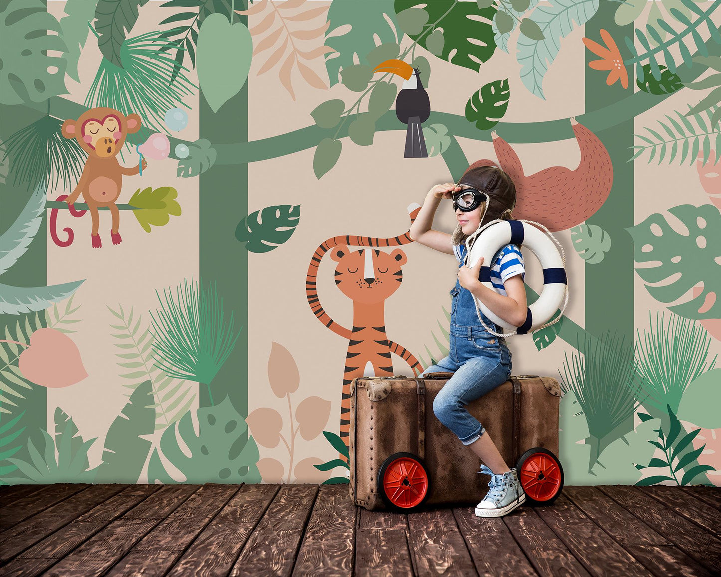 Tropical Jungle Animals Wallpaper Nursery, Illustration Trees and Plants Kids Wallpaper, Forest Child Wallpaper, Funny Jungle Baby Wallpaper