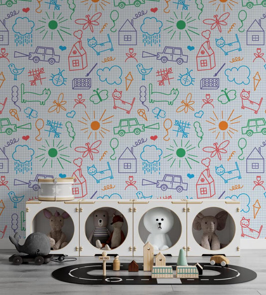 Fun Kids Drawings Wallpaper, Colourful Child Art Wall Poster, Pictorial Baby Wallpaper, Cute Wallpaper Nursery, Drawwing School Wallpaper