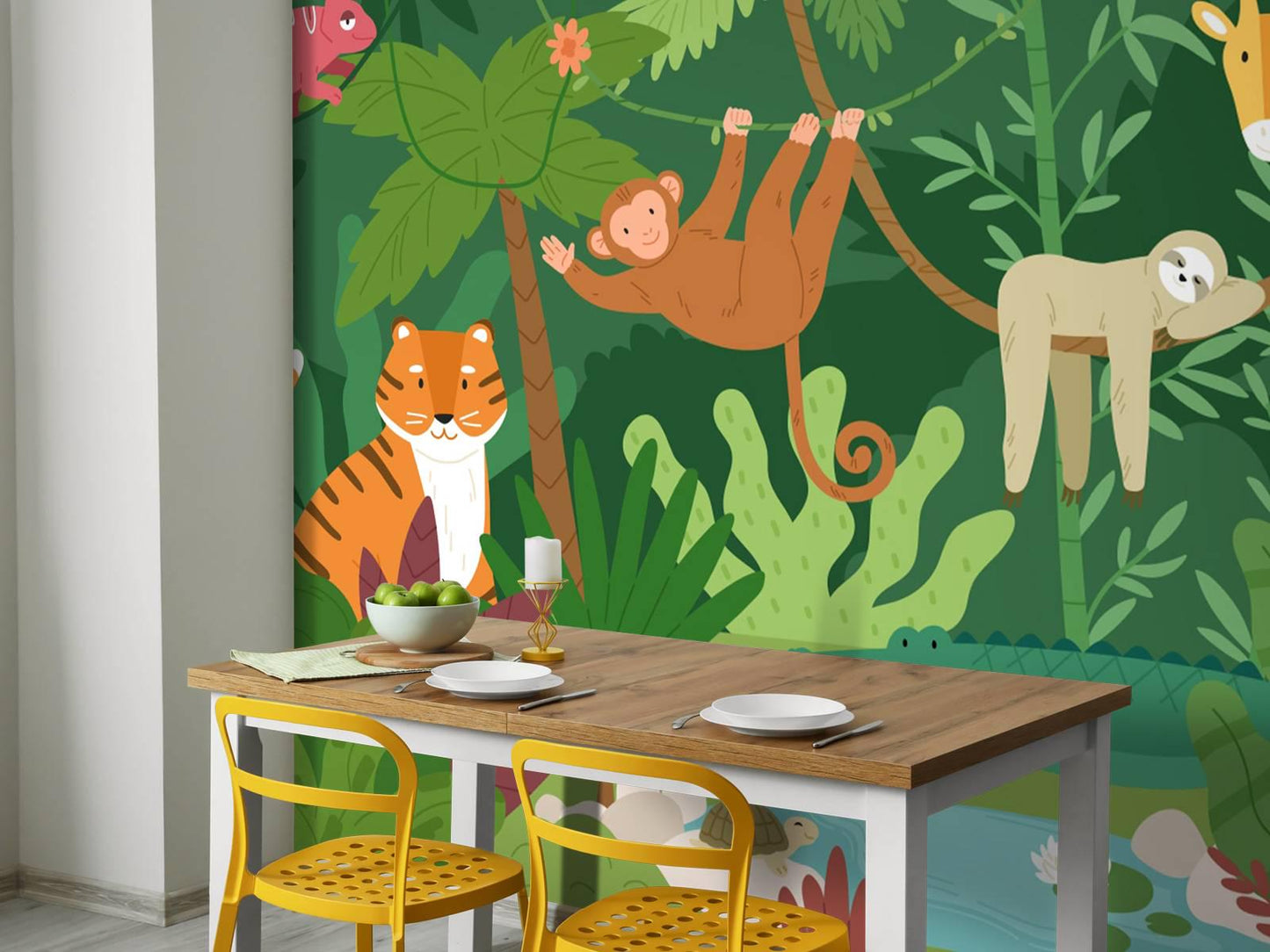 Illustration Forest Animals Wallpaper Nursery, Green Jungle Kids Wallpaper, Monkey Tiger Giraffe Elephant Funny Jungle Baby Wallpaper