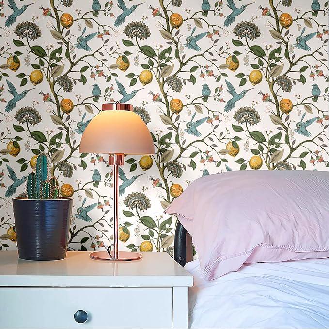 Lemon Trees and Blue Hummingbird Wallpaper, Floral Wallpaper, Romantic Wall Mural, Orchard Wallpaper, Illustration Drawing Wallpaper