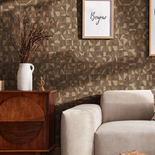 Luxurious Texture Brown With Gold Tone Embossed Wallpaper, Abstract Geometric Pattern Wall Mural, Modern Elegant Secret Shine Wallpaper