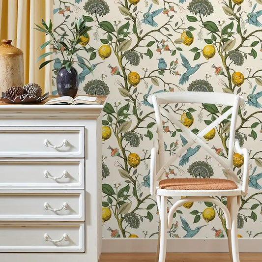 Lemon Trees and Blue Hummingbird Wallpaper, Floral Wallpaper, Romantic Wall Mural, Orchard Wallpaper, Illustration Drawing Wallpaper