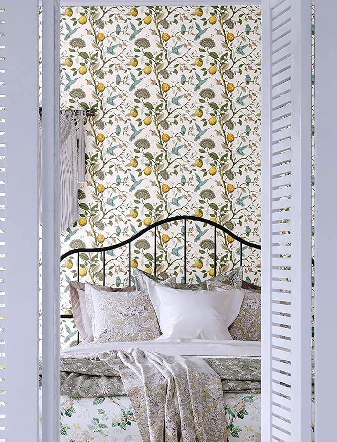 Lemon Trees and Blue Hummingbird Wallpaper, Floral Wallpaper, Romantic Wall Mural, Orchard Wallpaper, Illustration Drawing Wallpaper