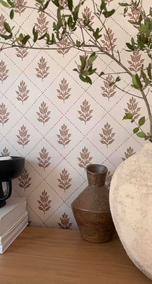 Vintage Floral Trellis Wallpaper – Beige & Brown Botanical Pattern Peel and Stick Wallpaper | Cottagecore Wall Decor