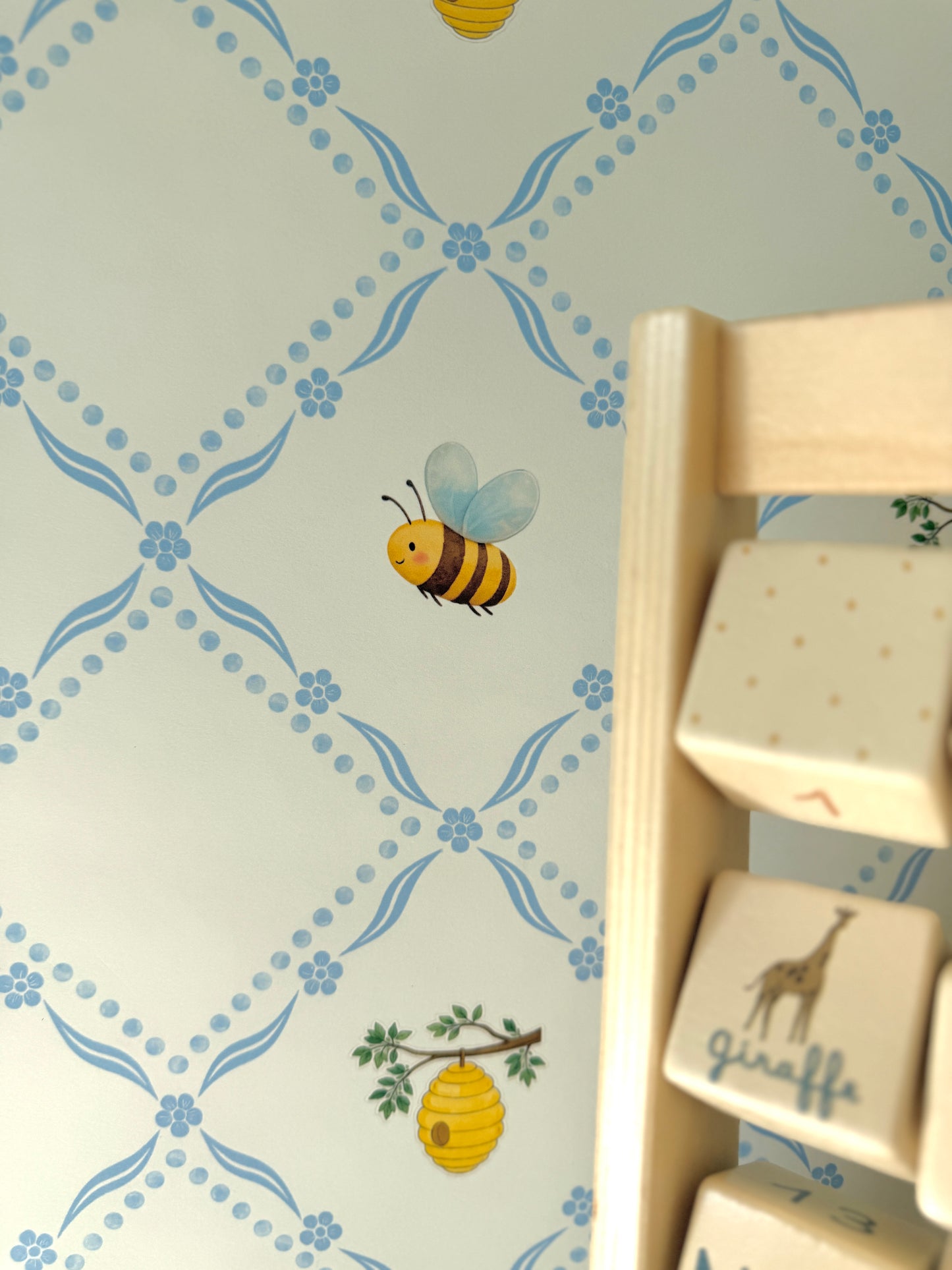 Honey Bee Cottage Wallpaper – Soft Blue Nursery Wallpaper | Vintage Bee & Beehive Peel and Stick Baby Boy Wallpaper