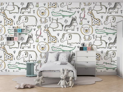 Animal Drawings Kids Room Wallpaper