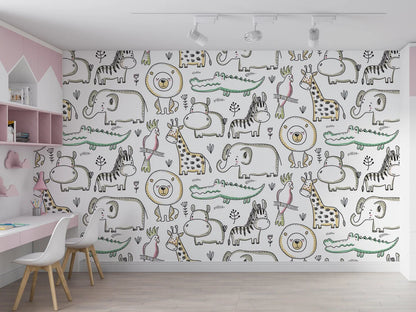 Animal Drawings Kids Room Wallpaper