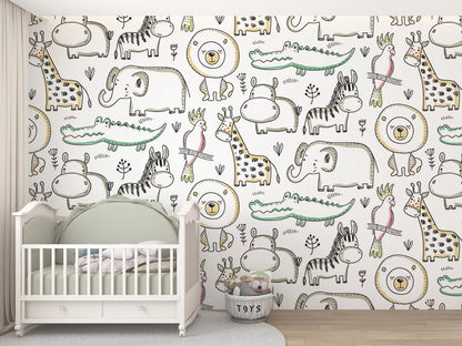 Animal Drawings Kids Room Wallpaper