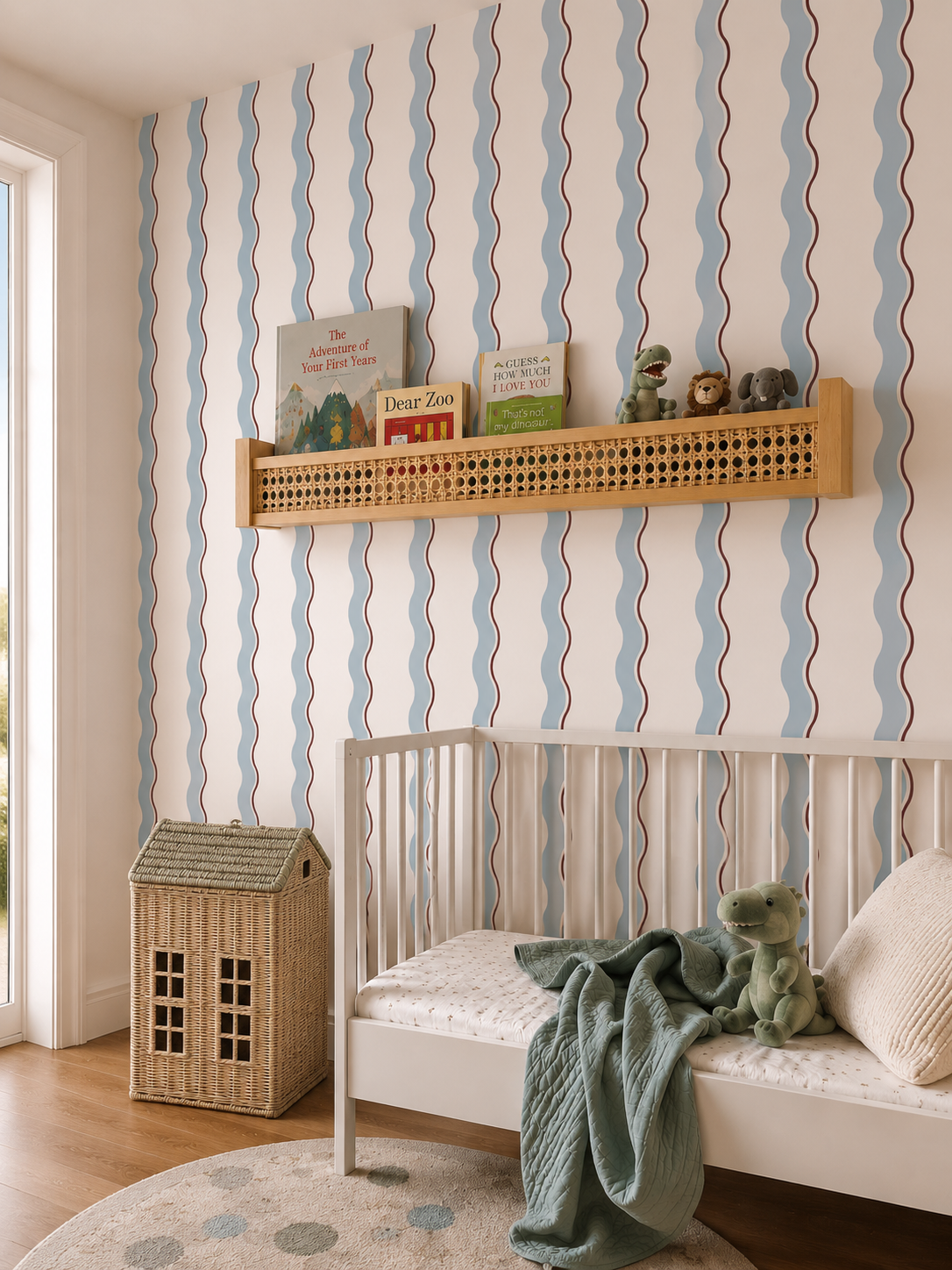 Retro Wave Stripe Wallpaper – Blue & Burgundy Wavy Line Pattern Peel and Stick Wallpaper