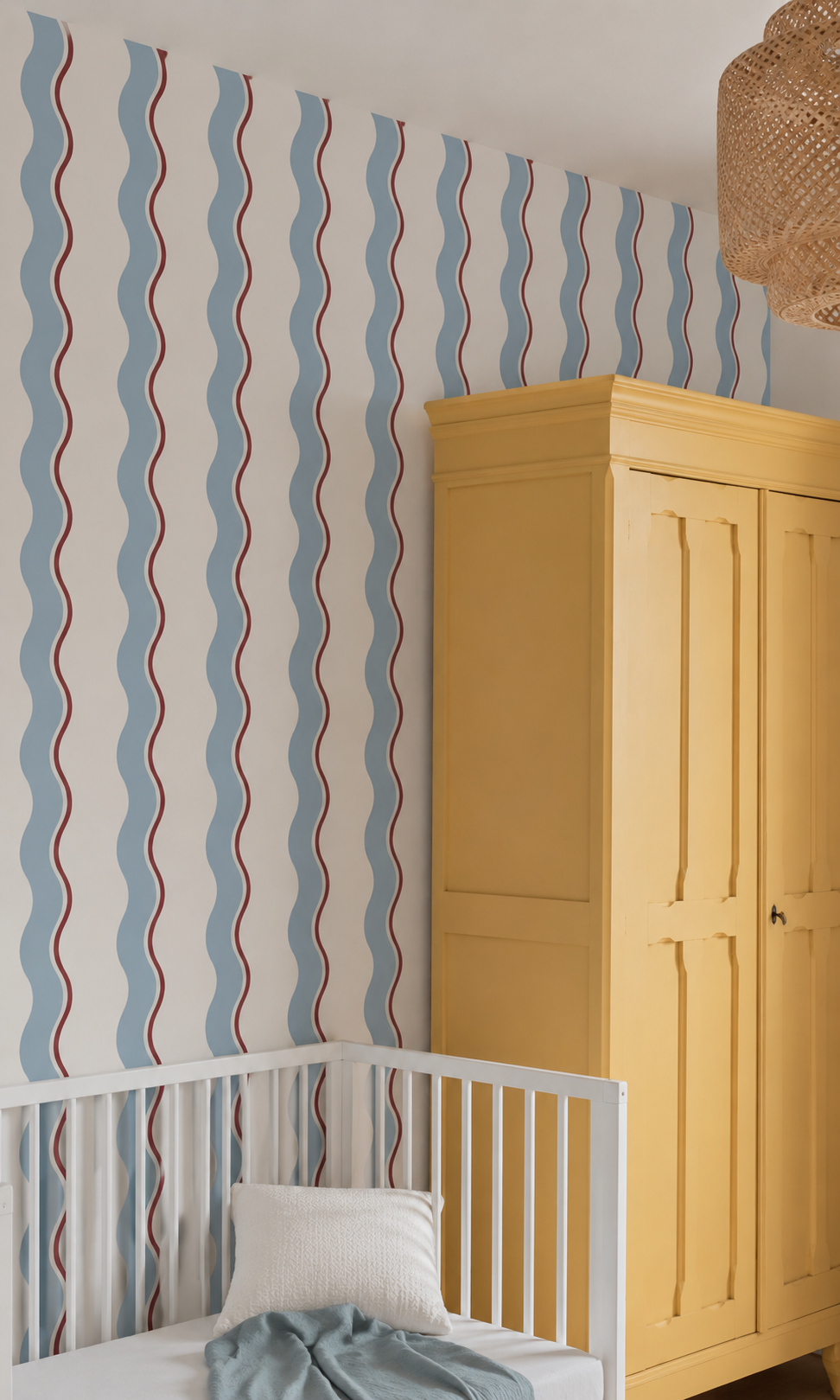 Retro Wave Stripe Wallpaper – Blue & Burgundy Wavy Line Pattern Peel and Stick Wallpaper