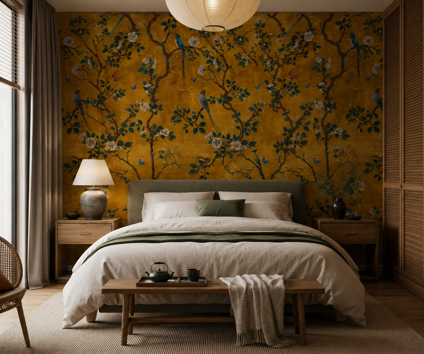 Gold Botanical Bird Wallpaper – Vintage Floral Mural with Butterflies