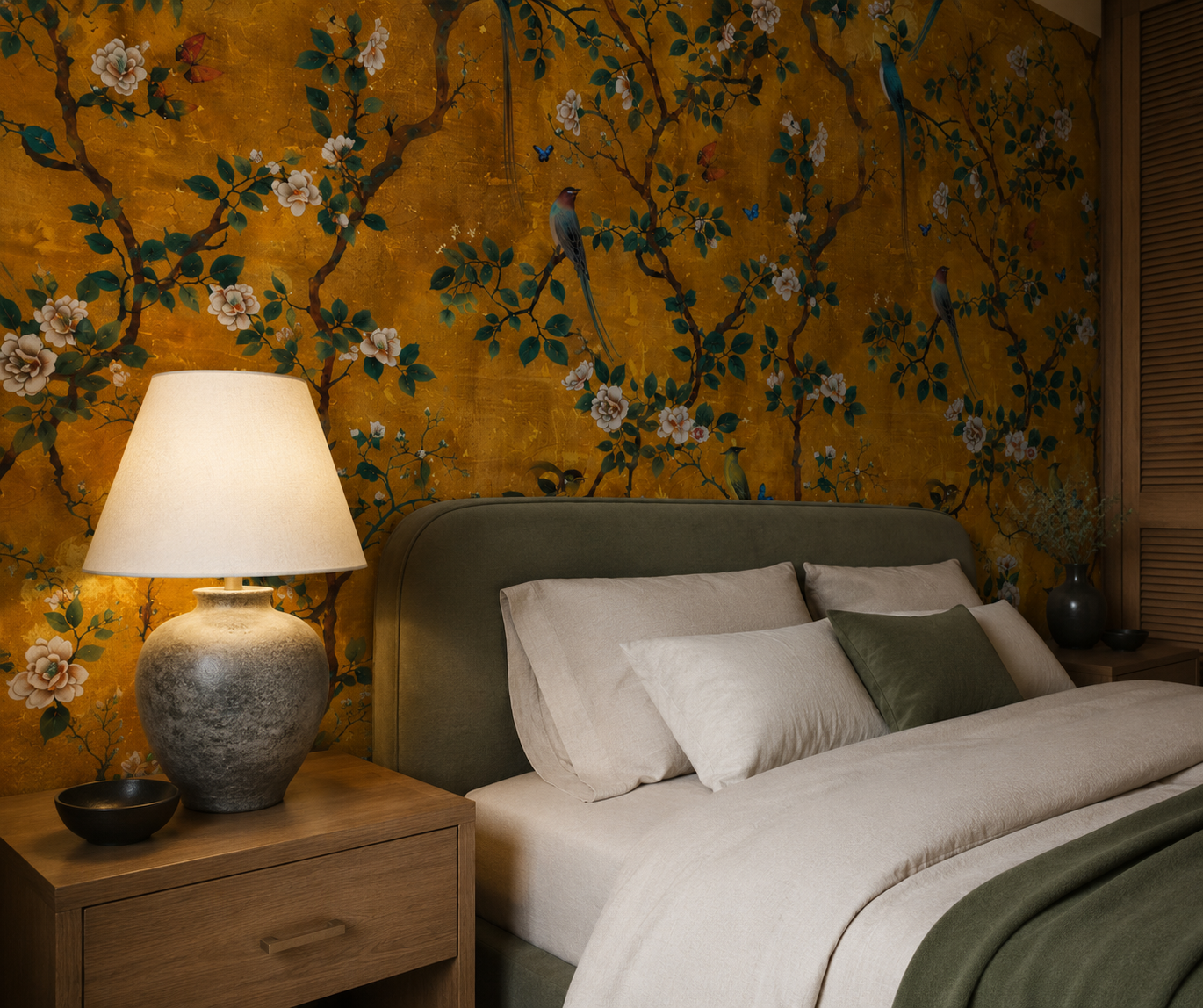 Gold Botanical Bird Wallpaper – Vintage Floral Mural with Butterflies