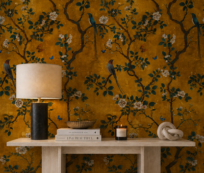 Gold Botanical Bird Wallpaper – Vintage Floral Mural with Butterflies