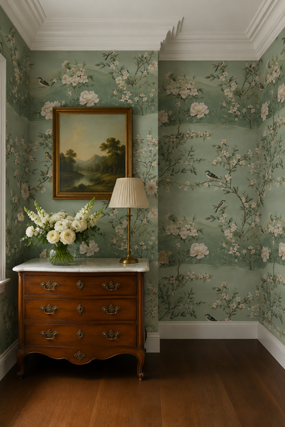 Green Vintage Chinoiserie Wallpaper – Birds & Floral Mural