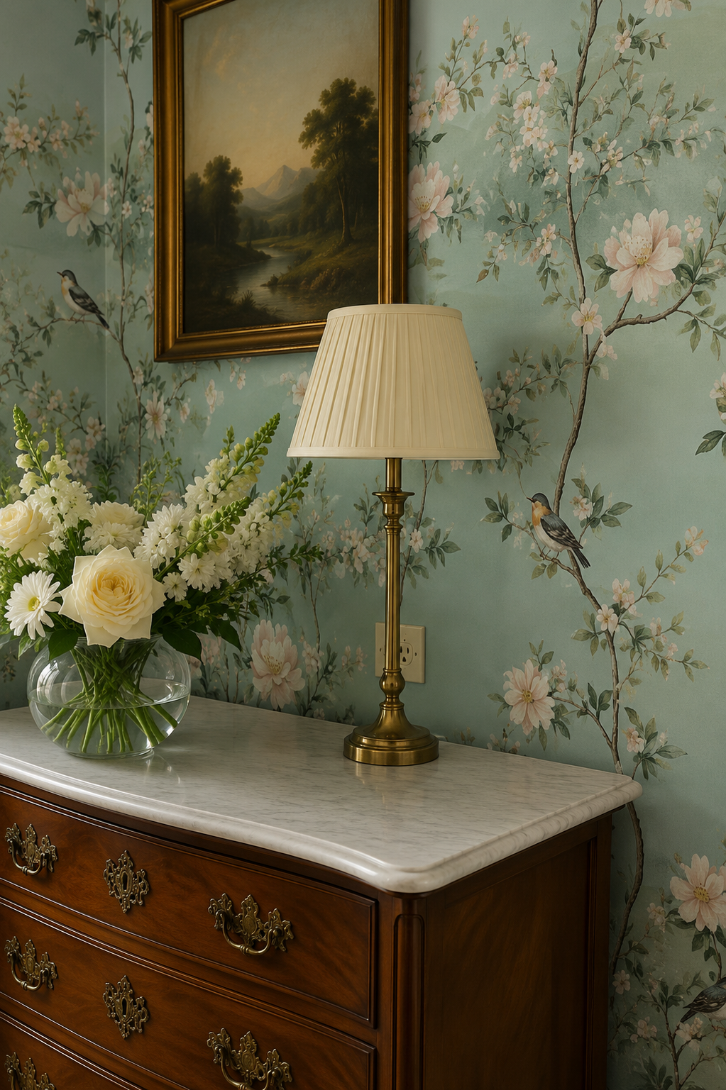 Green Vintage Chinoiserie Wallpaper – Birds & Floral Mural