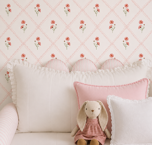 Vintage Pink Floral Trellis Wallpaper | Cottagecore Floral Pattern Peel and Stick Wallpaper