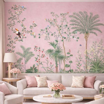 Pink Tropical Garden Wall Mural | Chinoiserie Botanical Wallpaper