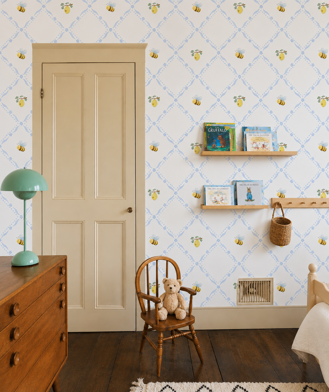 Honey Bee Cottage Wallpaper – Soft Blue Nursery Wallpaper | Vintage Bee & Beehive Peel and Stick Baby Boy Wallpaper