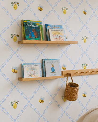 Honey Bee Cottage Wallpaper – Soft Blue Nursery Wallpaper | Vintage Bee & Beehive Peel and Stick Baby Boy Wallpaper
