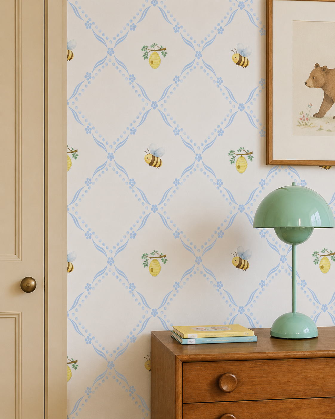 Honey Bee Cottage Wallpaper – Soft Blue Nursery Wallpaper | Vintage Bee & Beehive Peel and Stick Baby Boy Wallpaper