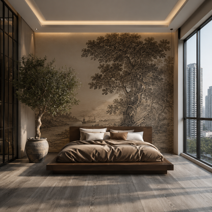 Vintage Pastoral Wallpaper – Luxury Sepia Scenic Wall Mural for Elegant Interiors