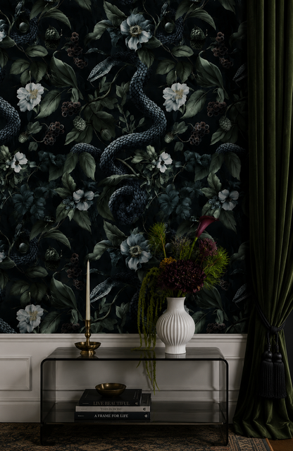 Dark Botanical Wallpaper – Secret Garden at Night with Snakes, Exotic Plants & Black Background