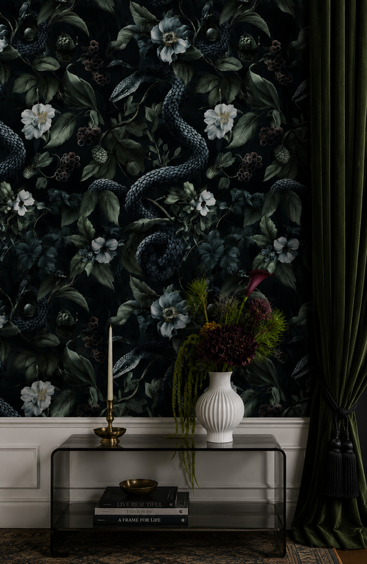 Dark Botanical Wallpaper – Secret Garden at Night with Snakes, Exotic Plants & Black Background