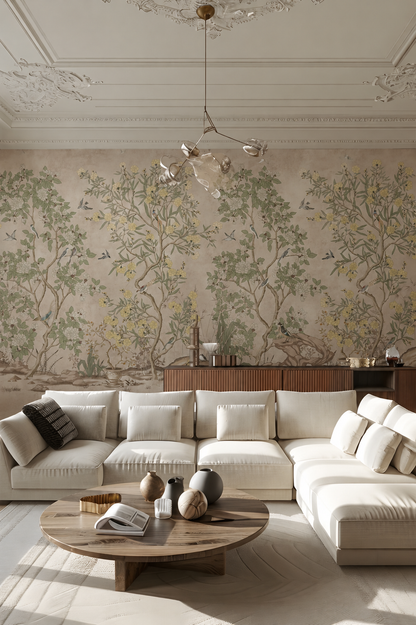 Vintage Chinoiserie Botanical Wallpaper – Peel and Stick Floral Bird Wall Mural in Neutral Beige