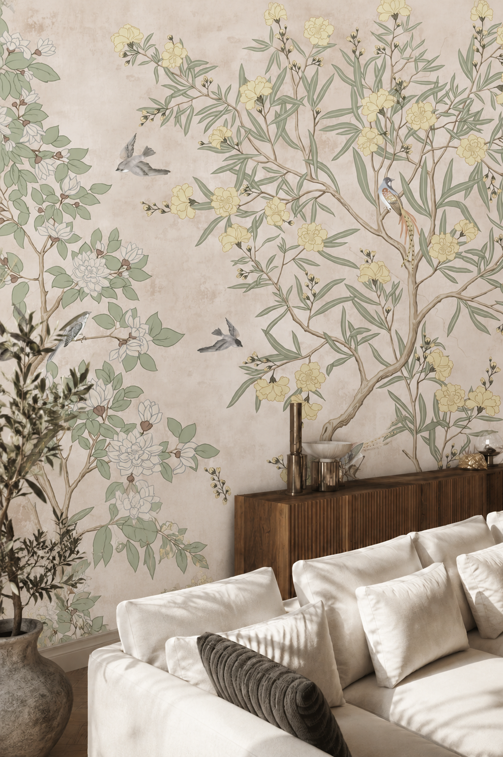 Vintage Chinoiserie Botanical Wallpaper – Peel and Stick Floral Bird Wall Mural in Neutral Beige